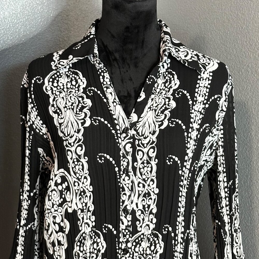 Blouse Womens Large Baroque Black White Pleated Bell Sleeve Button Up Retro Chic - Picture 2 of 8